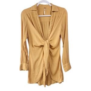 Free People Worlds Apart Tunic Tie Front Top Mustard Yellow Womens Size S